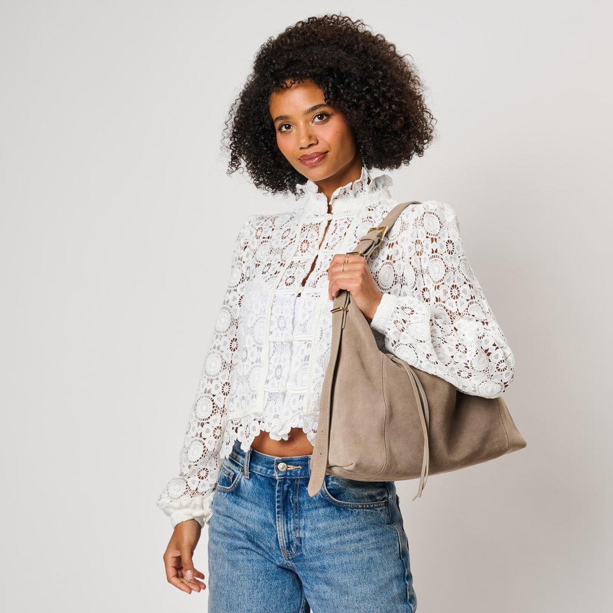 Woman wearing Taupe Moda Luxe Kelsea Satchel 842017142416 View 1 | Taupe