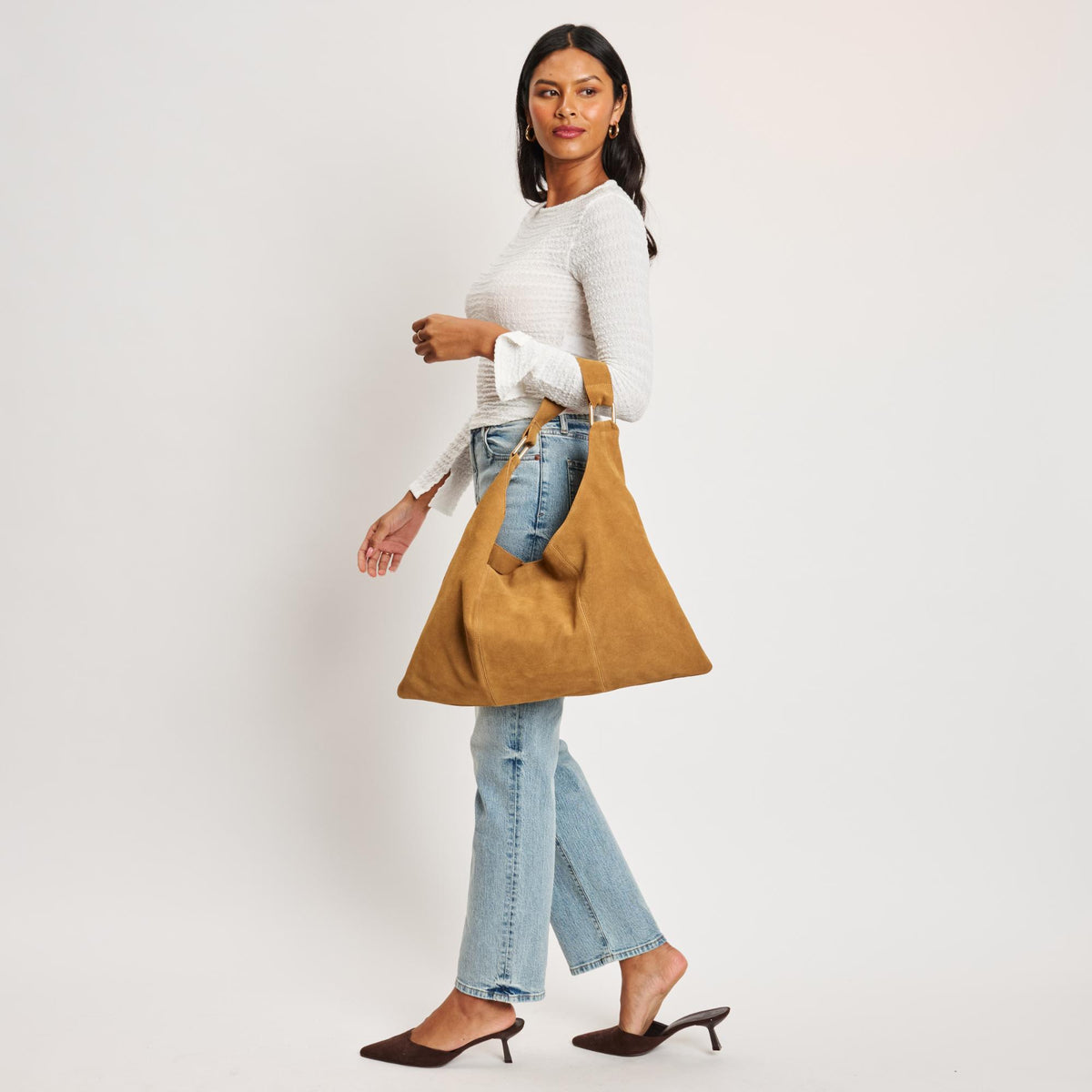 Woman wearing Tan Moda Luxe Indie Hobo 842017138938 View 3 | Tan