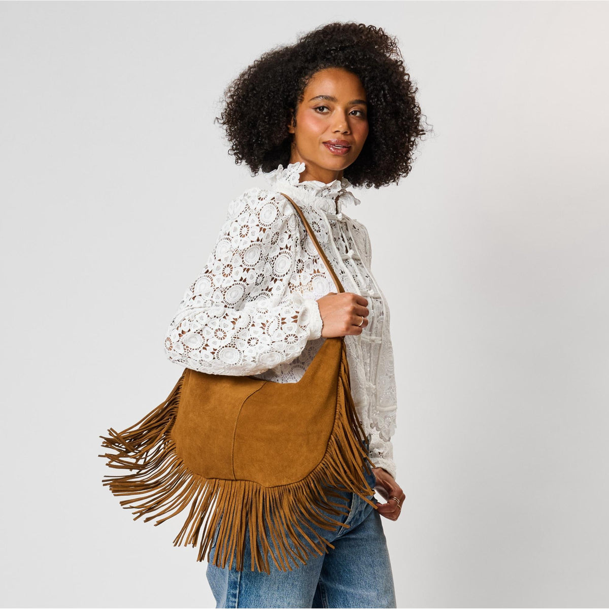 Woman wearing Caramel Moda Luxe Reba Hobo 842017142379 View 1 | Caramel