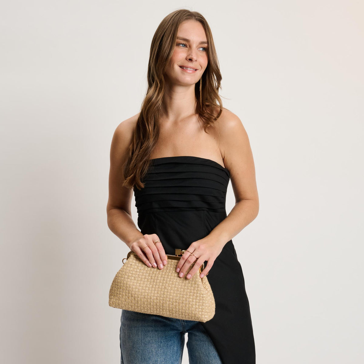 Woman wearing Natural Moda Luxe Bianca Clutch 842017141457 View 4 | Natural