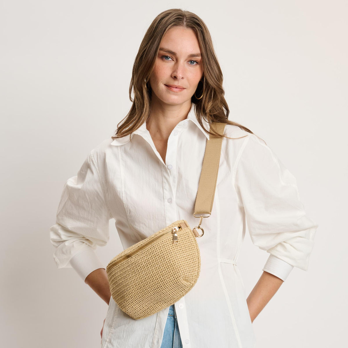 Woman wearing Natural Moda Luxe Gizelle - Large Checker Belt Bag 842017141037 View 2 | Natural