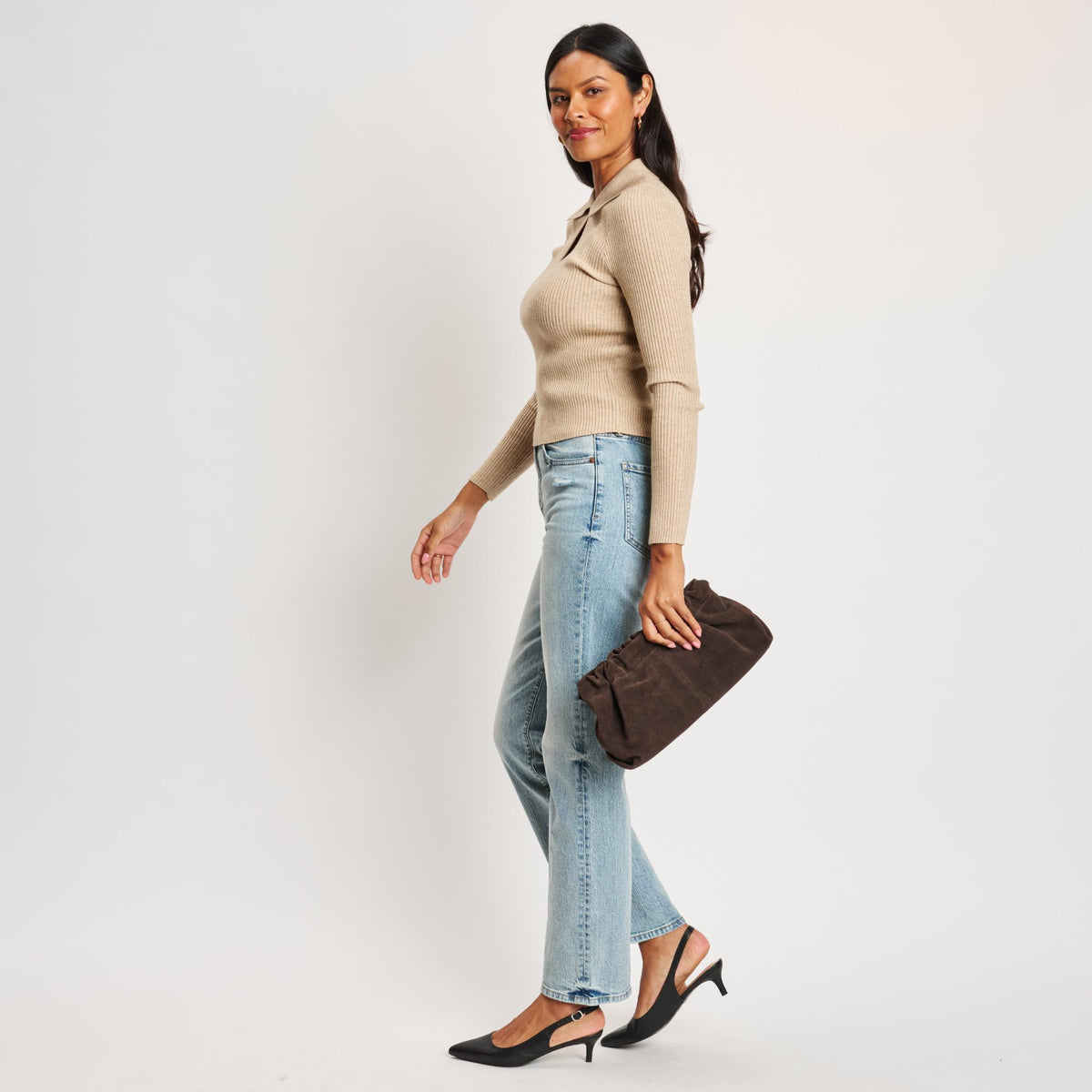 Woman wearing Chocolate Moda Luxe Penelope Shoulder Bag 842017139126 View 4 | Chocolate