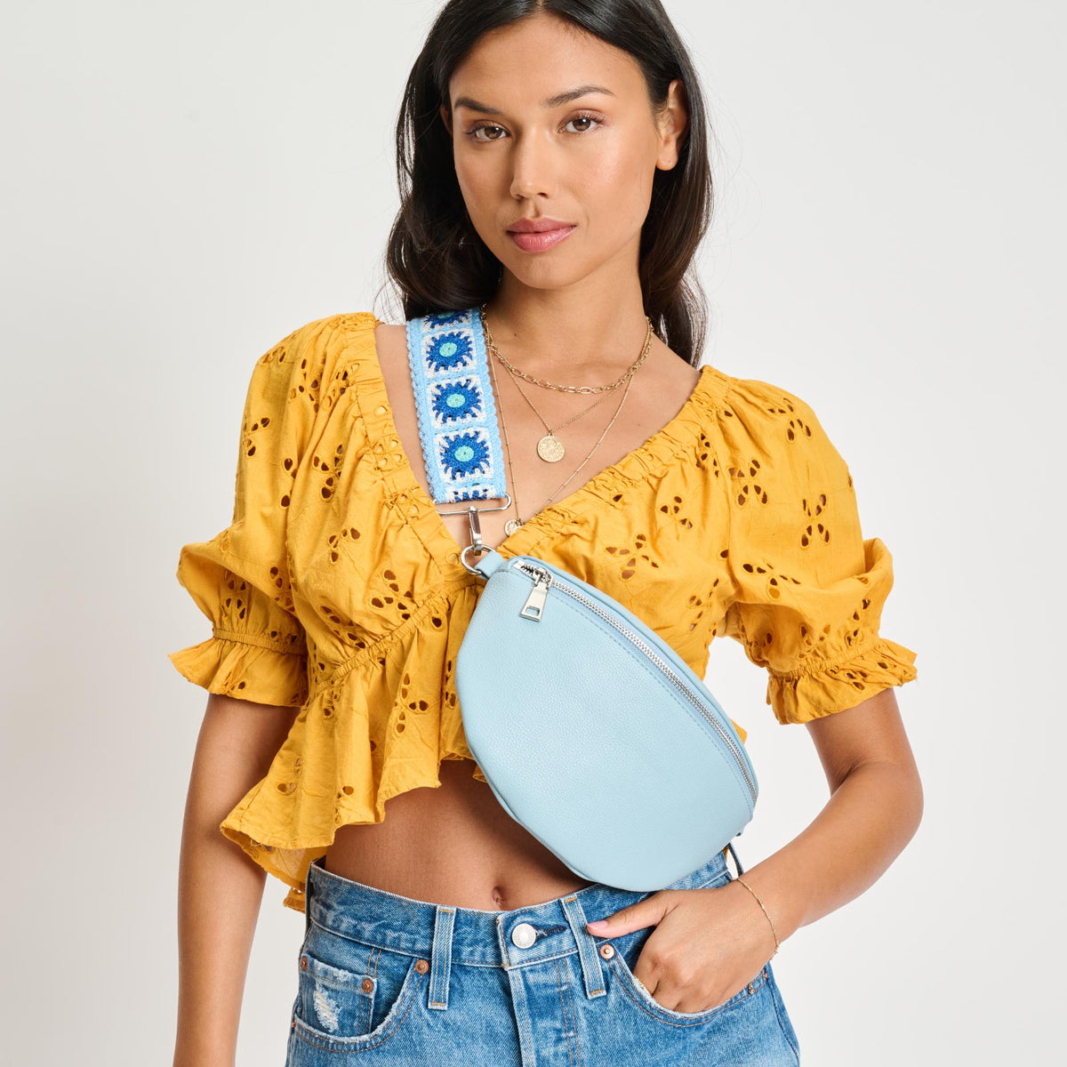 Woman wearing Blue Moda Luxe Stylette Belt Bag 842017134794 View 1 | Blue