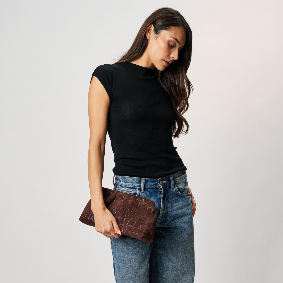 Woman wearing Chocolate Moda Luxe Elva Croco Clutch 842017142270 View 2 | Chocolate
