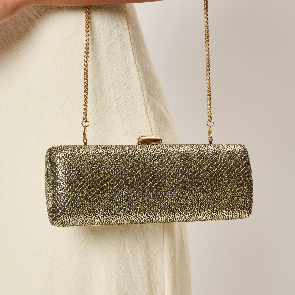 Woman wearing Gold Moda Luxe Elestine Evening Bag 842017142294 View 1 | Gold