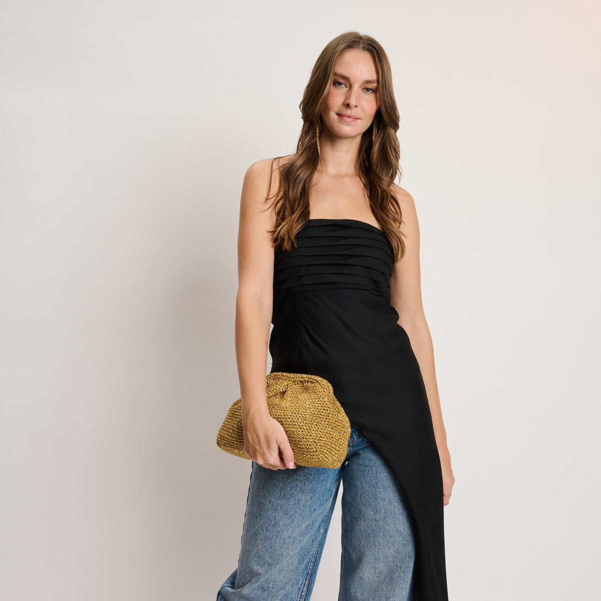 Woman wearing Gold Moda Luxe Amelia Clutch 842017140986 View 2 | Gold