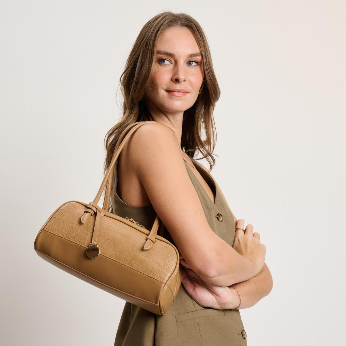 Woman wearing Camel Moda Luxe Paloma - Croco Shoulder Bag 842017140443 View 1 | Camel