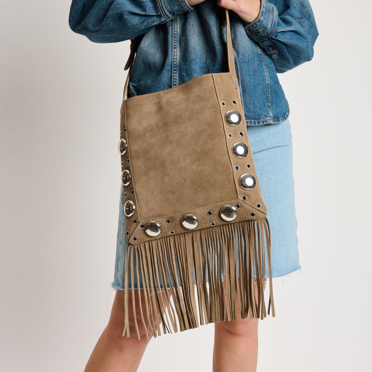 Woman wearing Sand Moda Luxe Courtney Crossbody 842017140573 View 4 | Sand