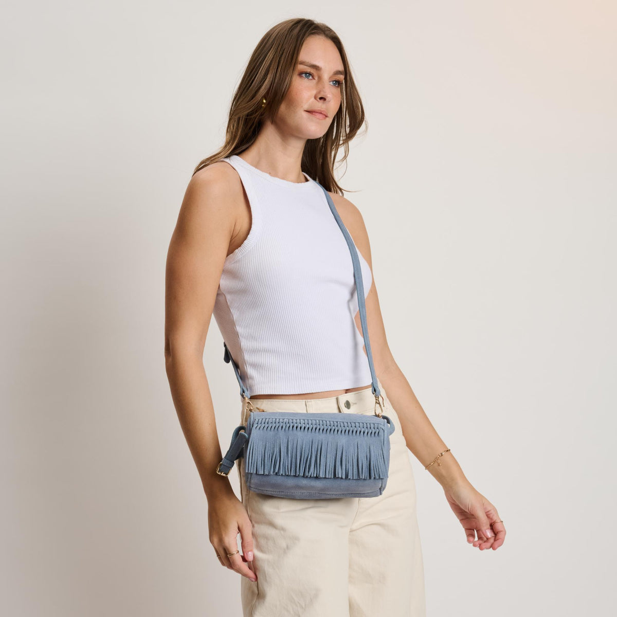 Woman wearing Slate Moda Luxe Emmi Shoulder Bag 842017140474 View 3 | Slate